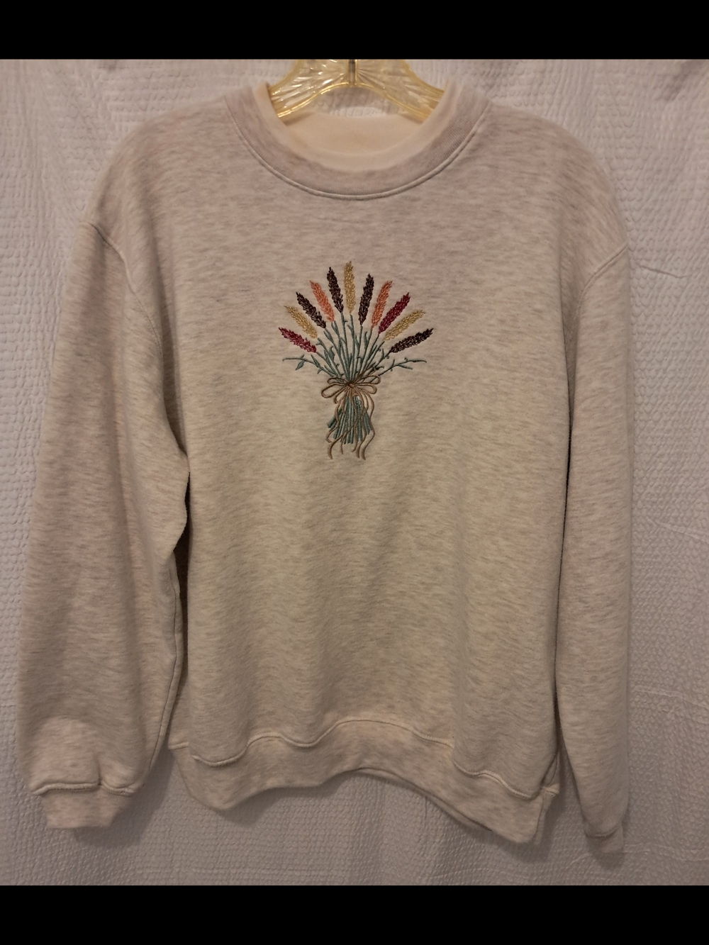 Classic Elements Cream Crewneck Sweater with Embroidered Wheat Bouquet